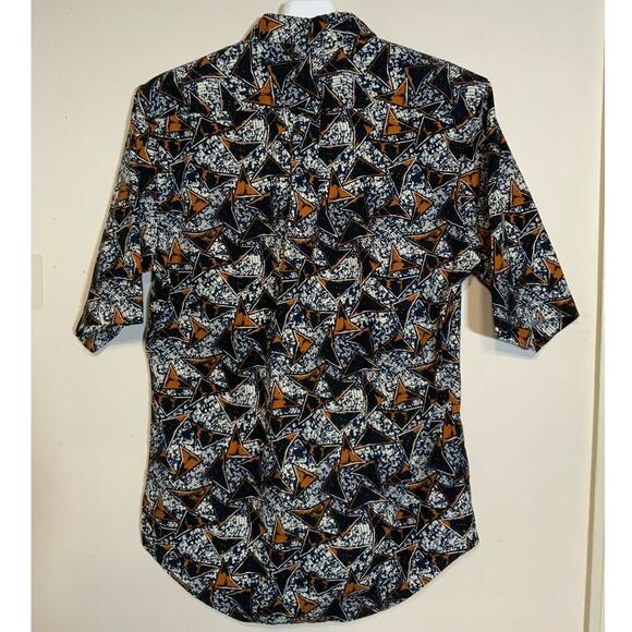 Farah Vintage 'Slim Fit' Mod Style Patterned Shirt Navy and Brown Men's Shirt - Picture 2 of 7